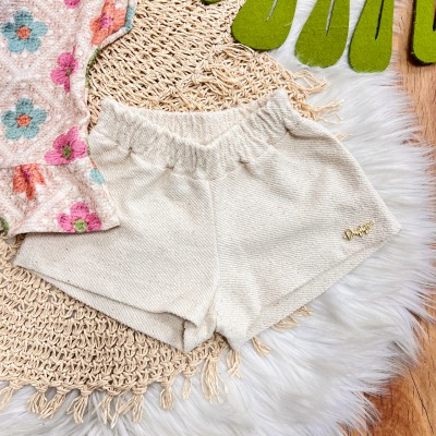 Conj. Blusa Flores Tipo Crochê e Short em Linho - Areia